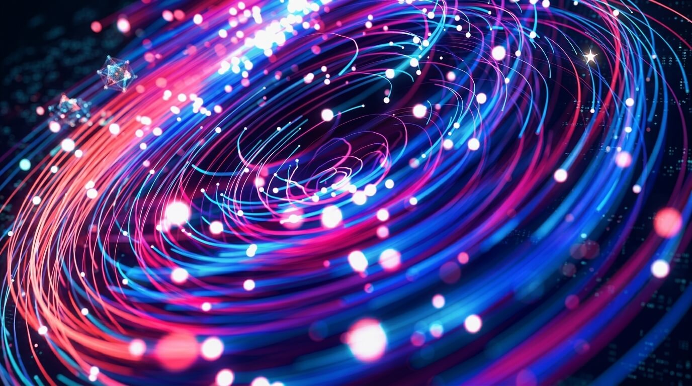 Espirales luminosas en colores rosa y azul sobre fondo oscuro, evocando movimiento y energia
