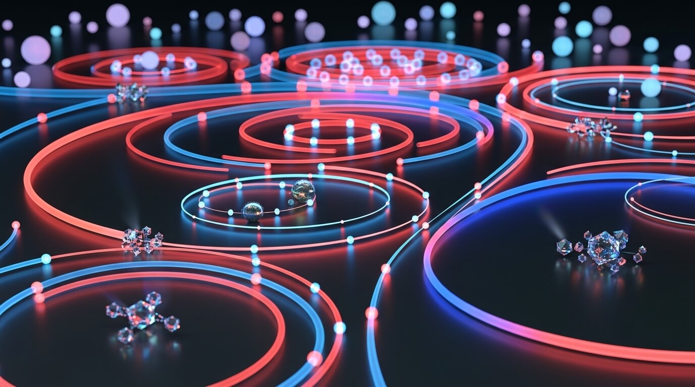 Circulos brillantes y burbujas azules y rojas sobre fondo oscuro