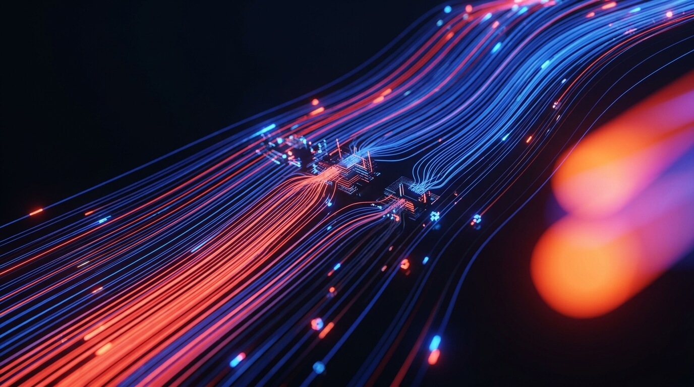 Lineas de luz azul y naranja en un fondo oscuro, efecto futurista