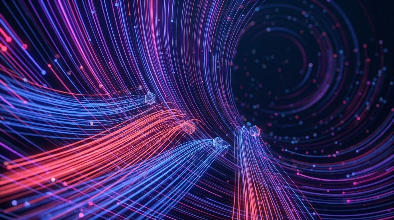 Curvas de luces azules y rojas en fondo oscuro, creando un efecto de tunel