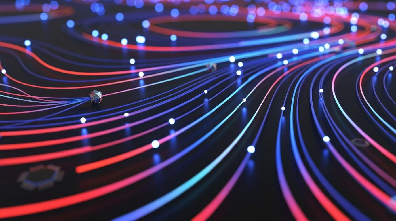 Luces y lineas de colores sobre fondo oscuro, irradiando una sensacion futurista