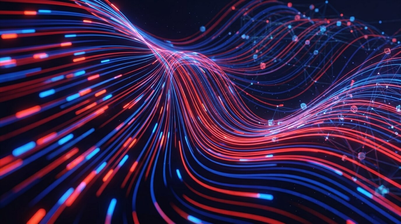 Luces rojas y azules en lineas onduladas sobre fondo oscuro