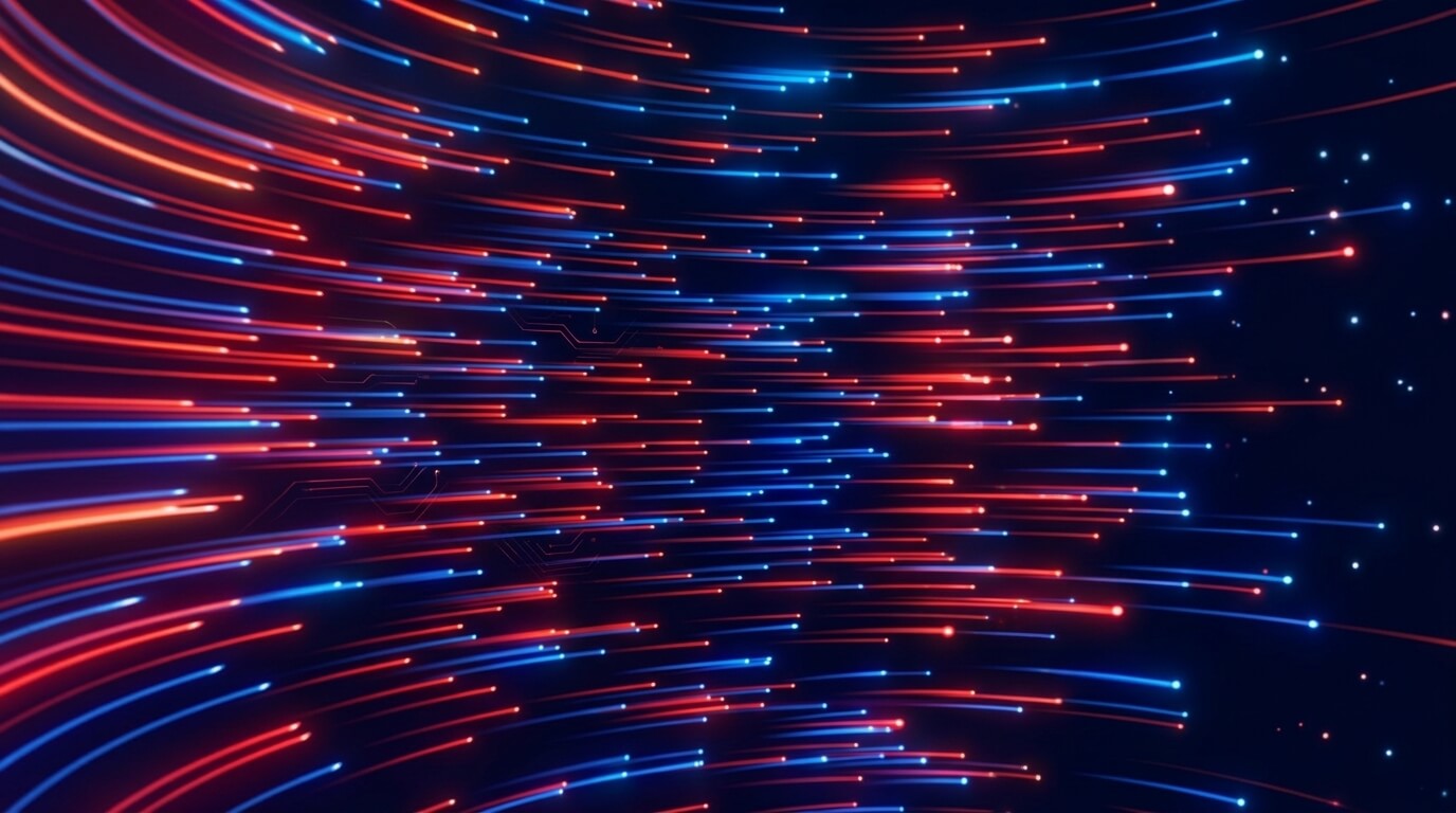 Luces azules y rojas en líneas curvas sobre fondo oscuro.