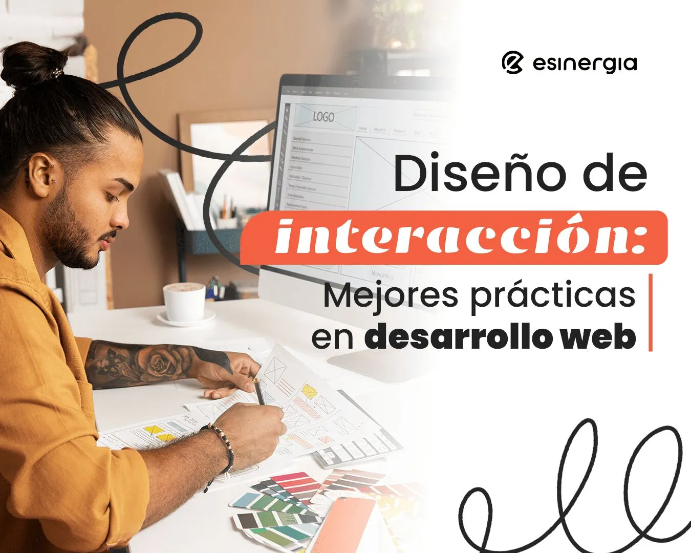 Hombre trabajando en diseño web en computadora. Elementos gráficos decorativos.