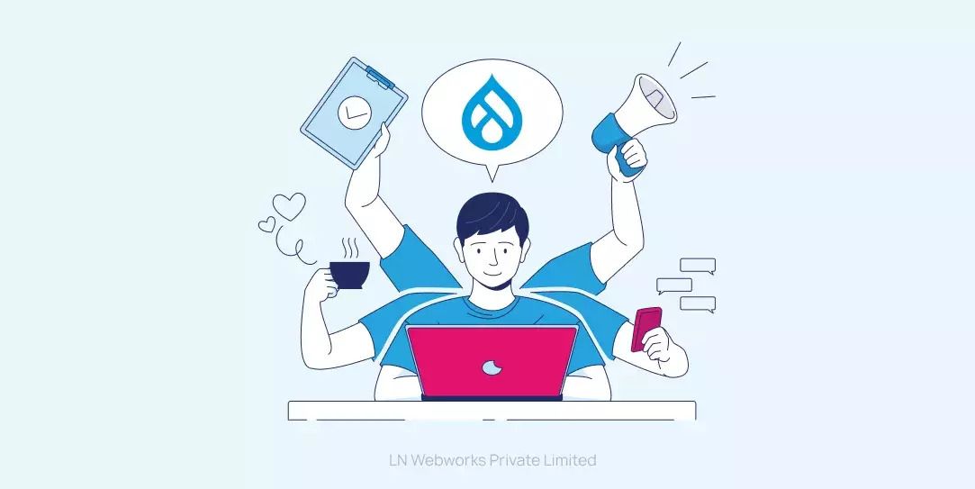 Persona multitarea frente a laptop, rodeada de íconos como libro, taza y megáfono.