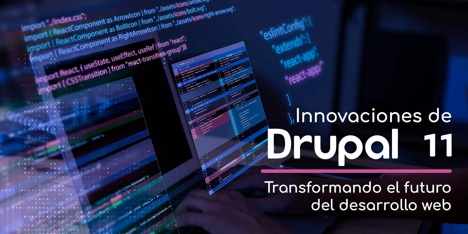Computadora con código y texto sobre Innovaciones de Drupal 11, fondo oscuro.