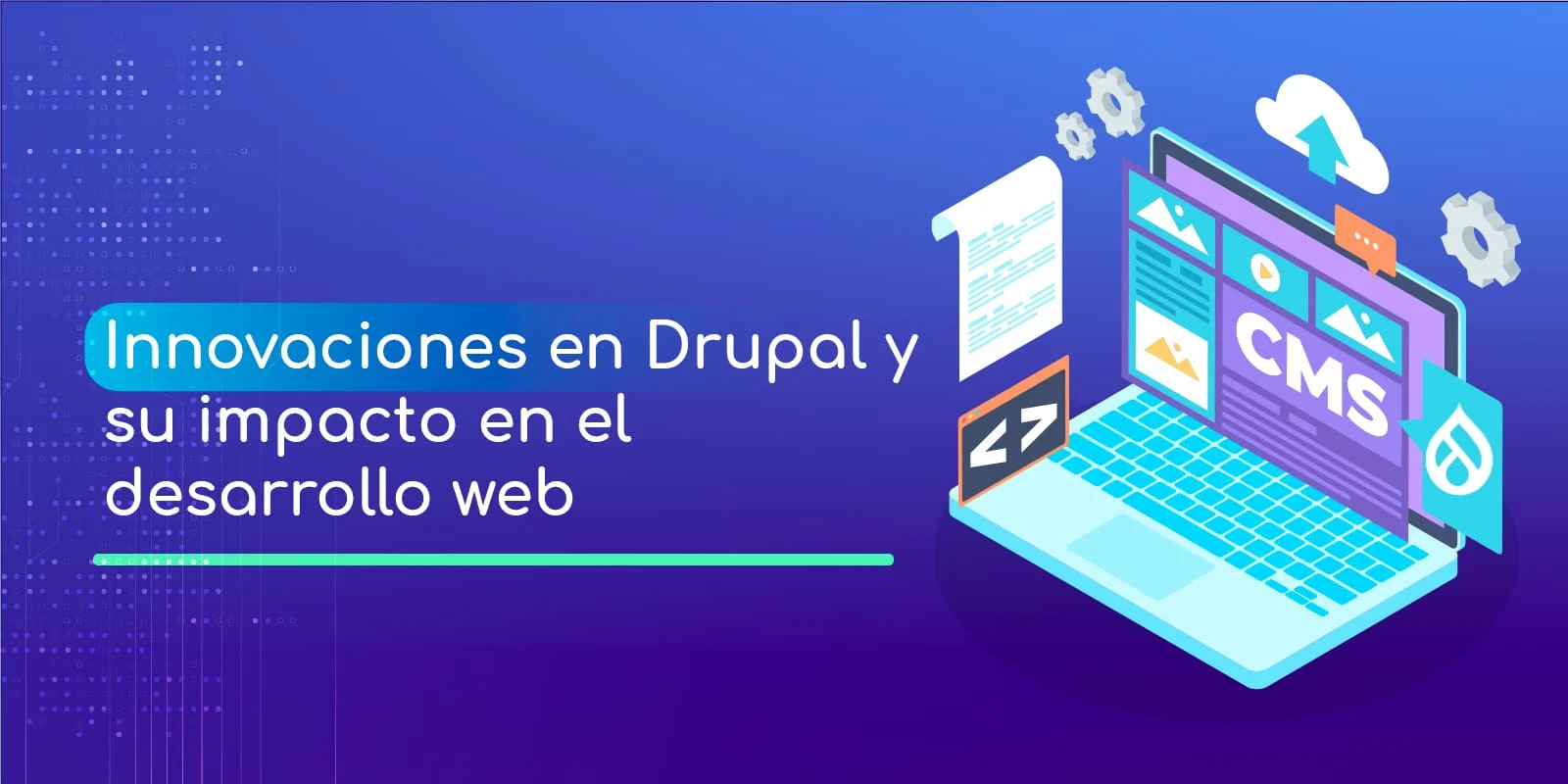 Computadora portátil con íconos de CMS en una pantalla azul y púrpura.