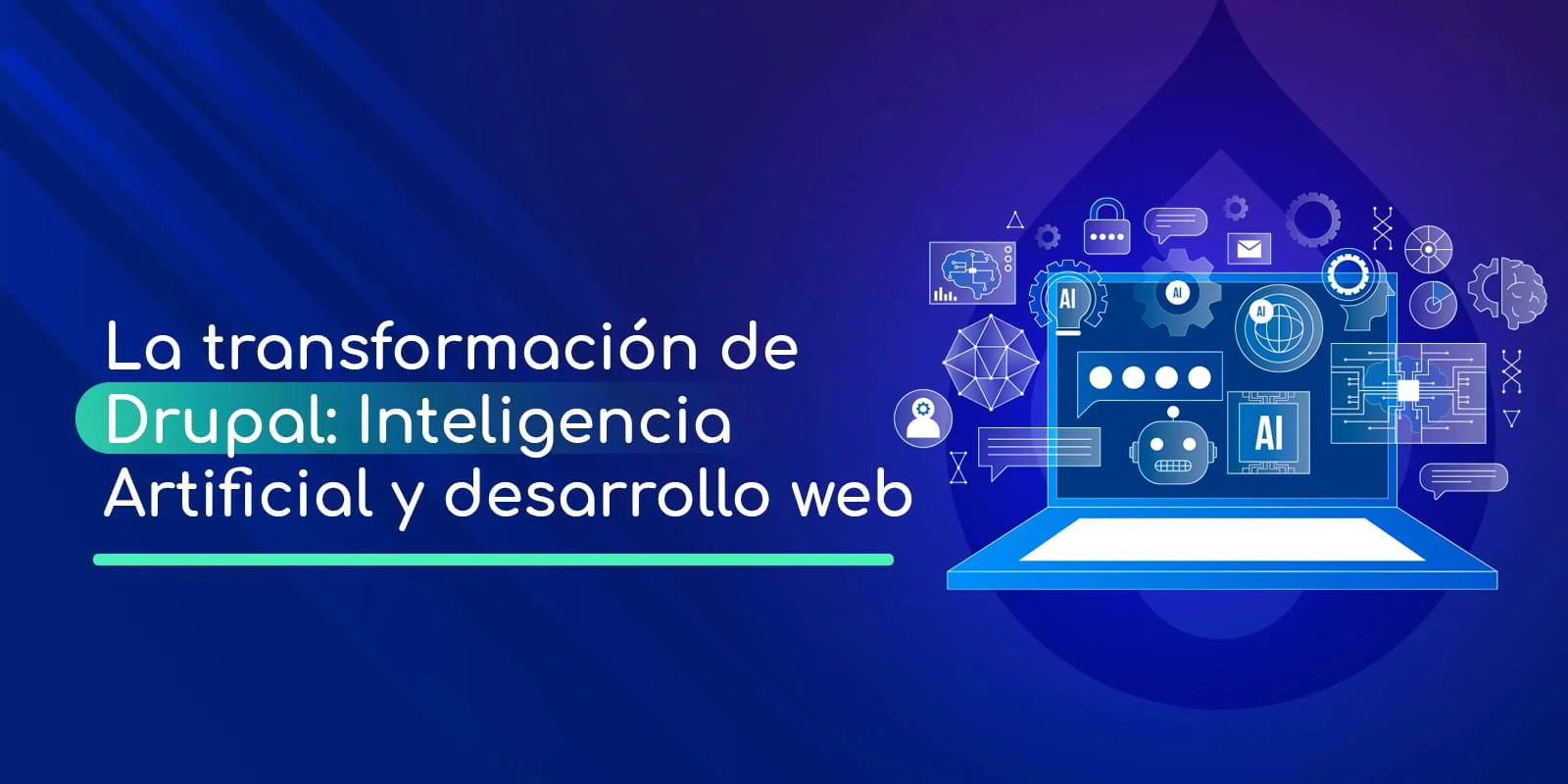 Computadora portátil flotante con iconos de tecnología en fondo azul.