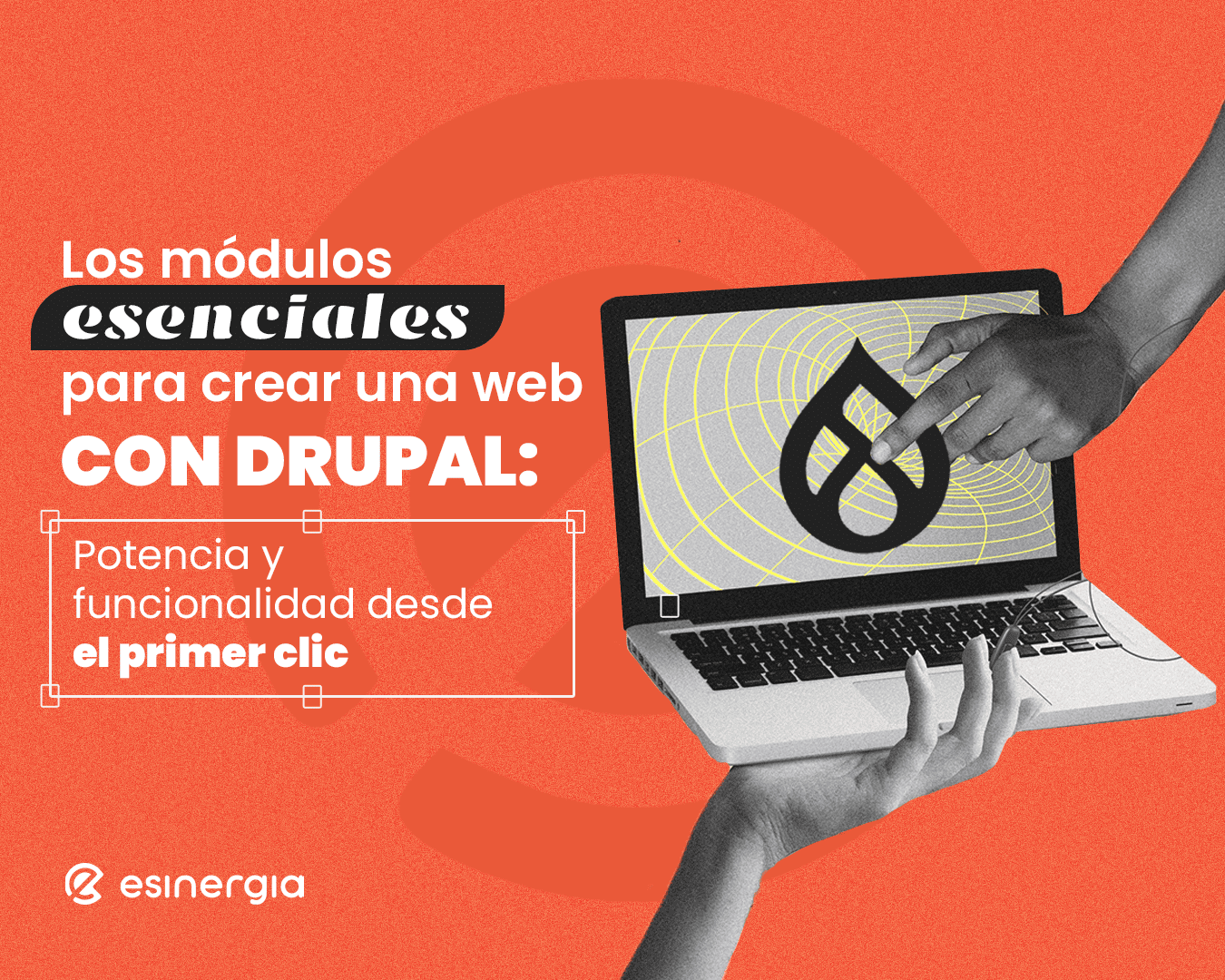 Manos sosteniendo una laptop con un símbolo de gota en la pantalla, fondo naranja.