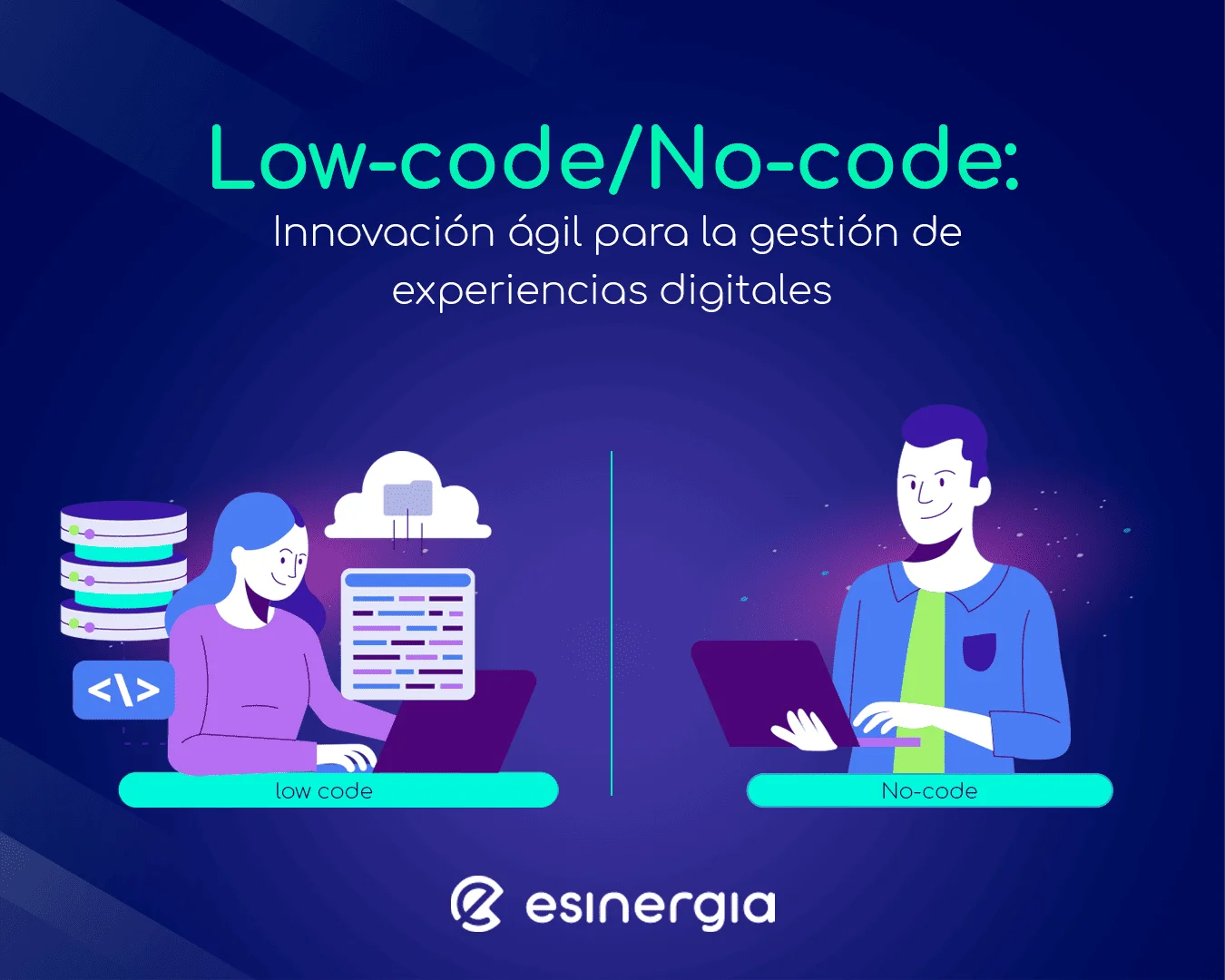 Dos personas trabajan en portátiles, "Low-code" y "No-code".