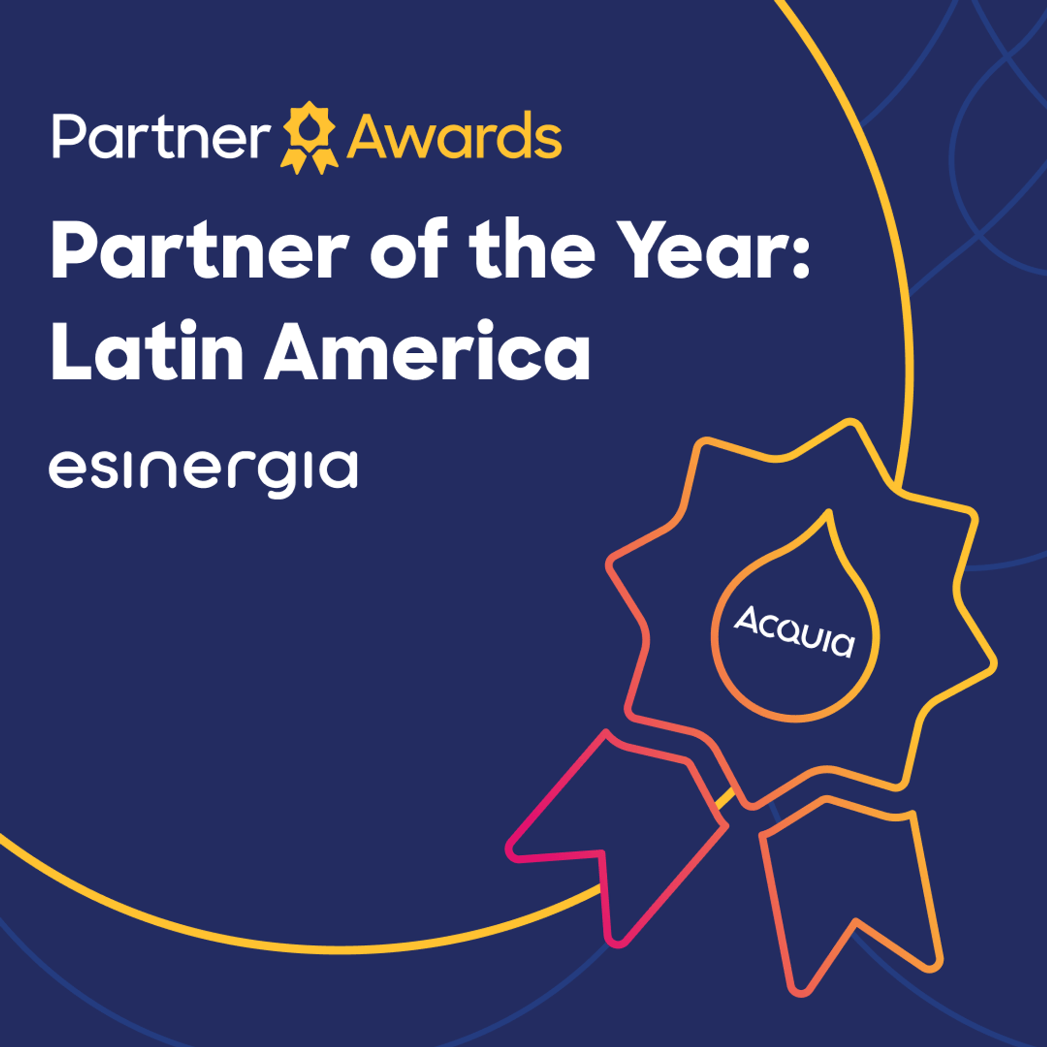 Premio socio del año en América Latina, fondo azul, logotipo esinergia.