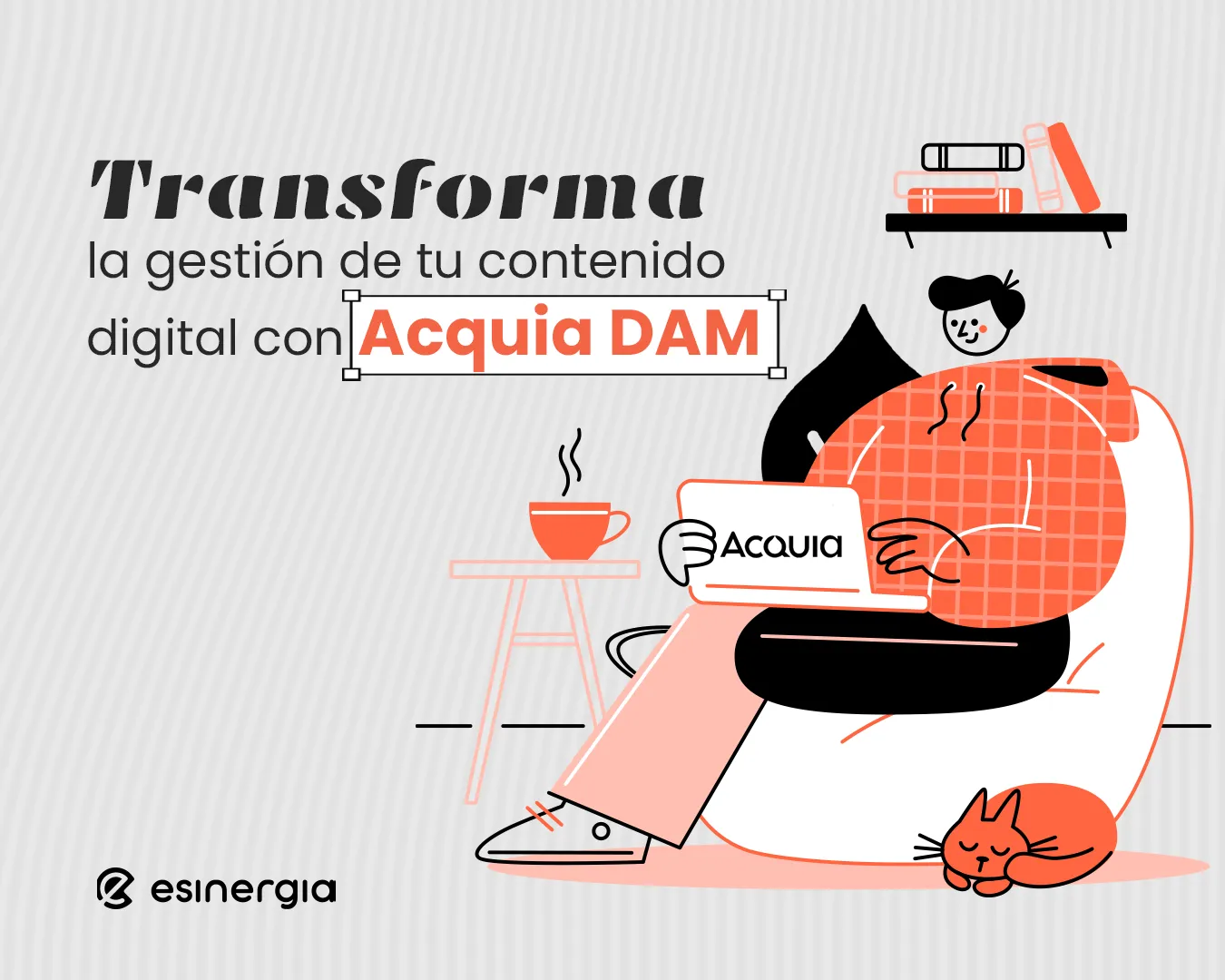 Persona sonriente con portátil en sillón, taza de café y gato dormido, estilo gráfico.