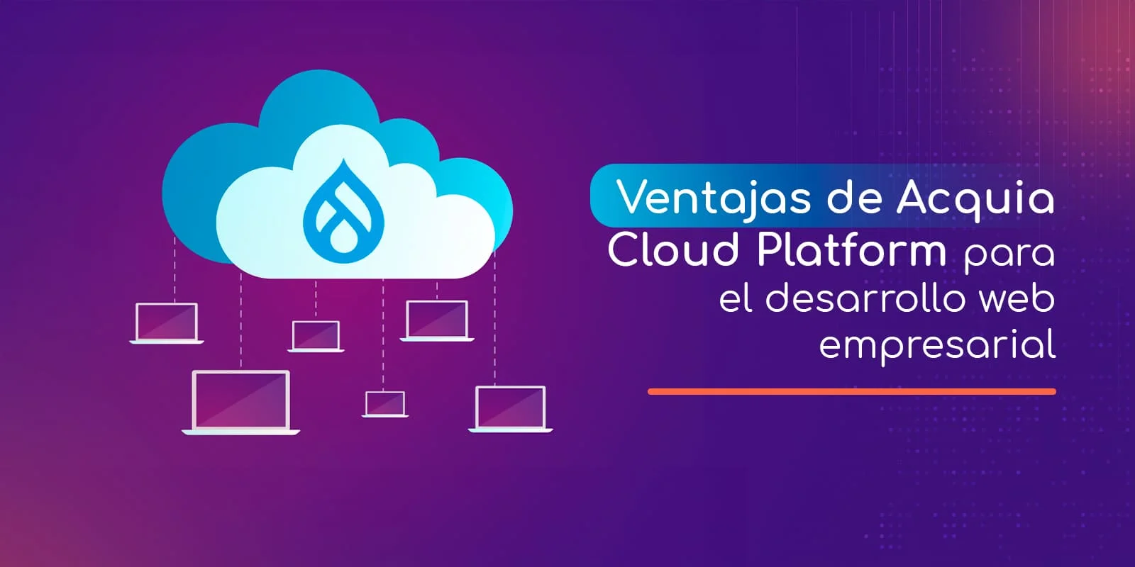 Nube azul con pantallas conectadas sobre fondo degradado púrpura.