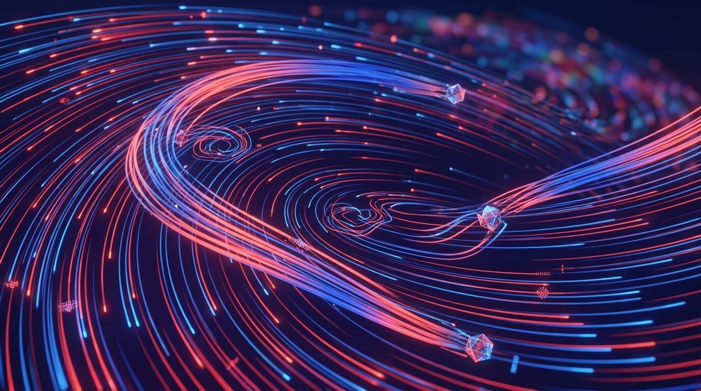 Cables de fibra optica curvados en espiral, con luces azules y rojas