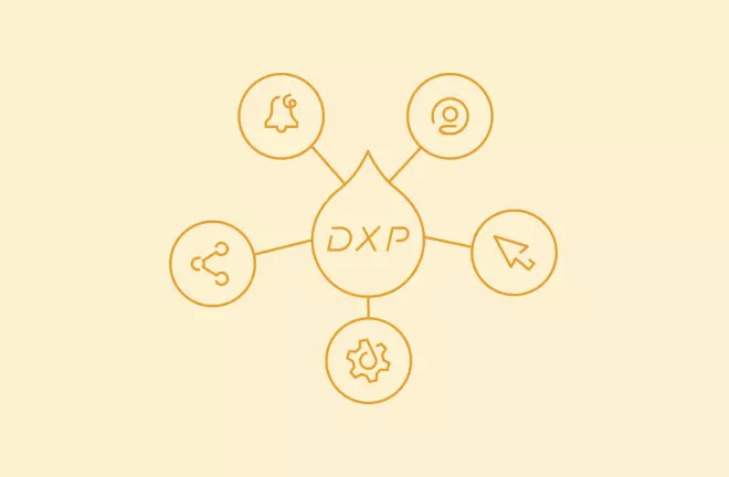 Diagrama gráfico con íconos de campana, persona, flecha, engranaje y compartir alrededor de "DXP".