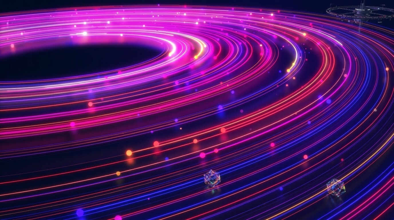 Anillos luminosos de colores brillantes en espiral sobre fondo oscuro