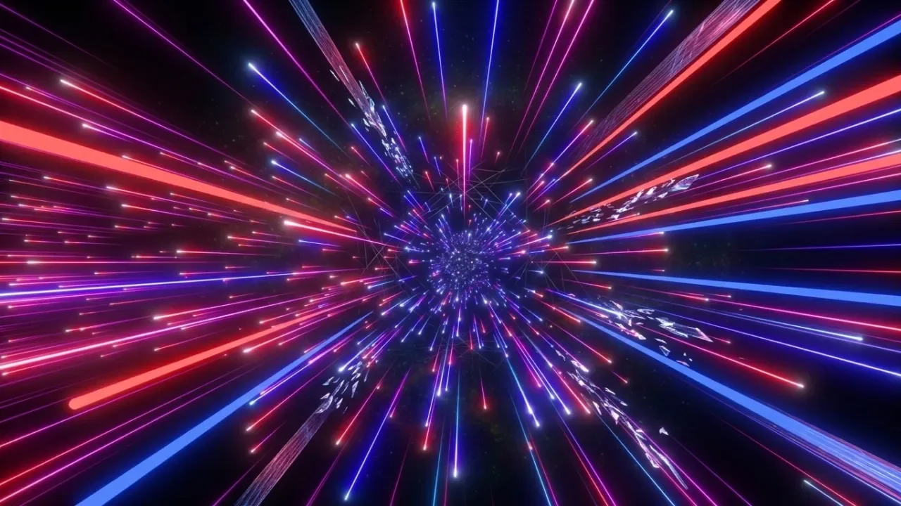 Luces de neon rojas y azules en movimiento radial sobre fondo oscuro