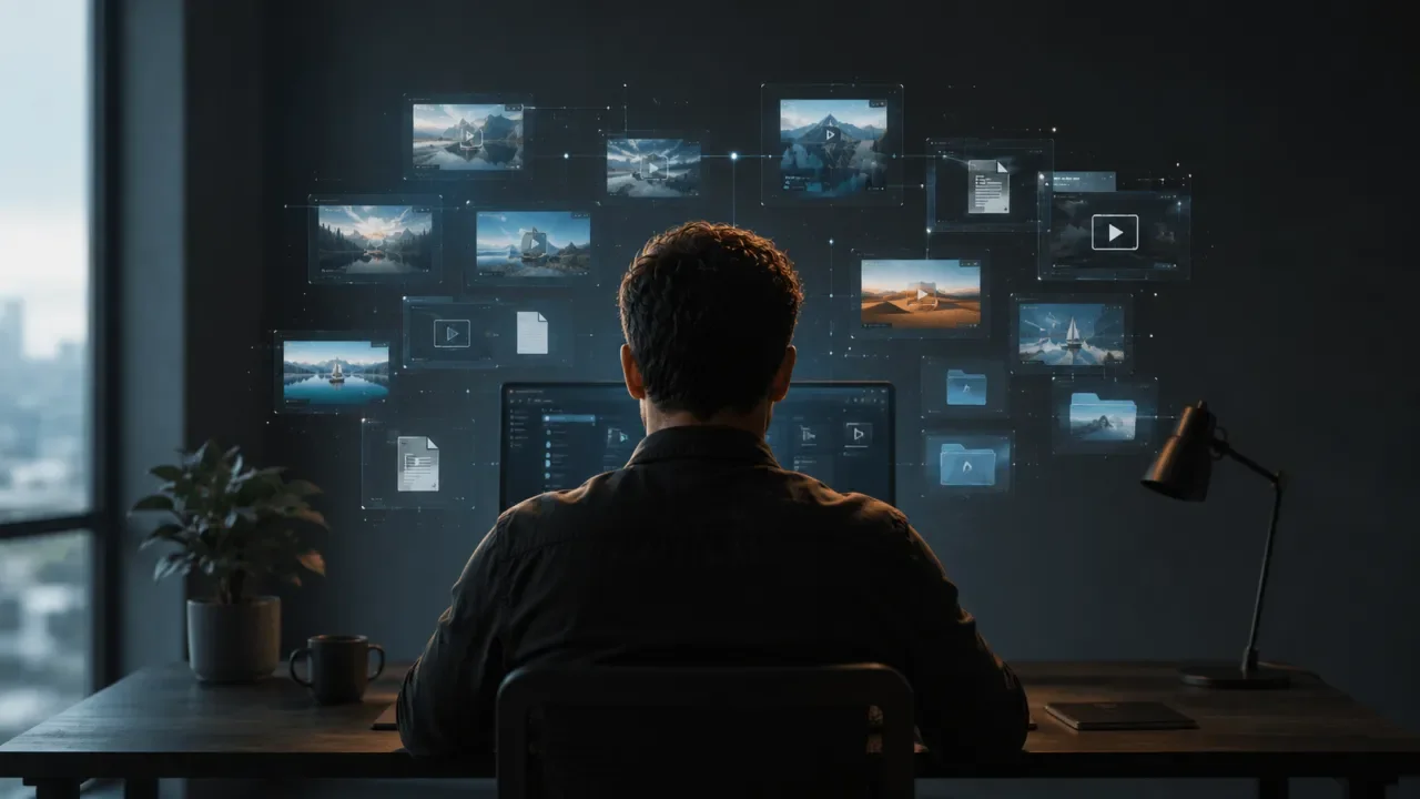 Profesional de espaldas gestionando biblioteca de activos digitales multimedia en workstation moderna