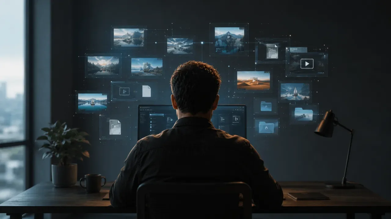 Profesional de espaldas gestionando biblioteca de activos digitales multimedia en workstation moderna