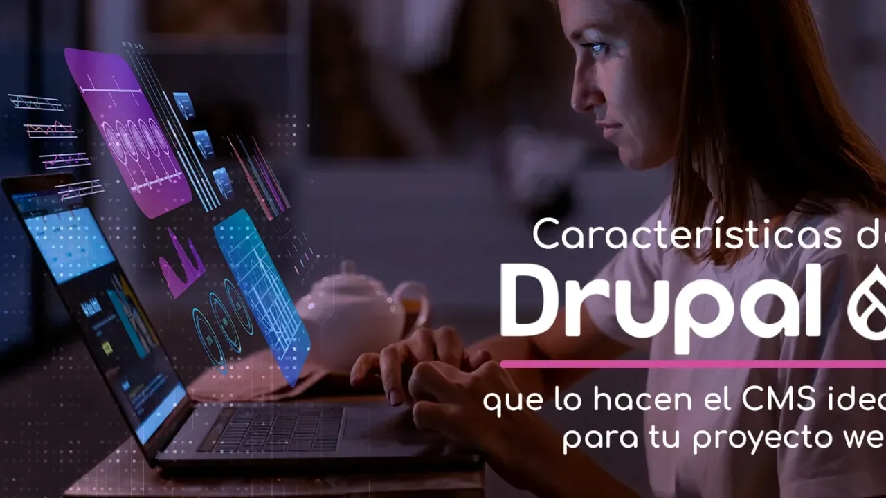 Mujer trabaja en portátil con pantallas de gráficos y texto sobre Drupal.