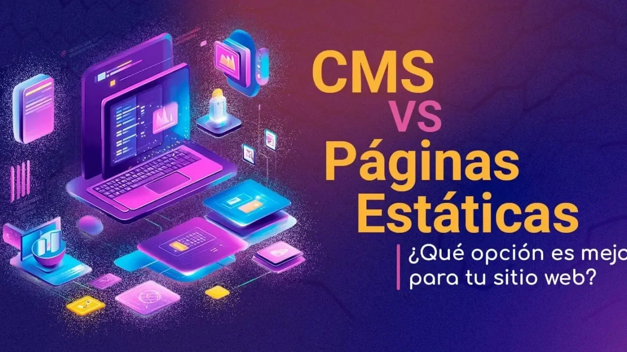 Ilustración digital con computadoras y dispositivos flotantes en tonos morados y naranjas.