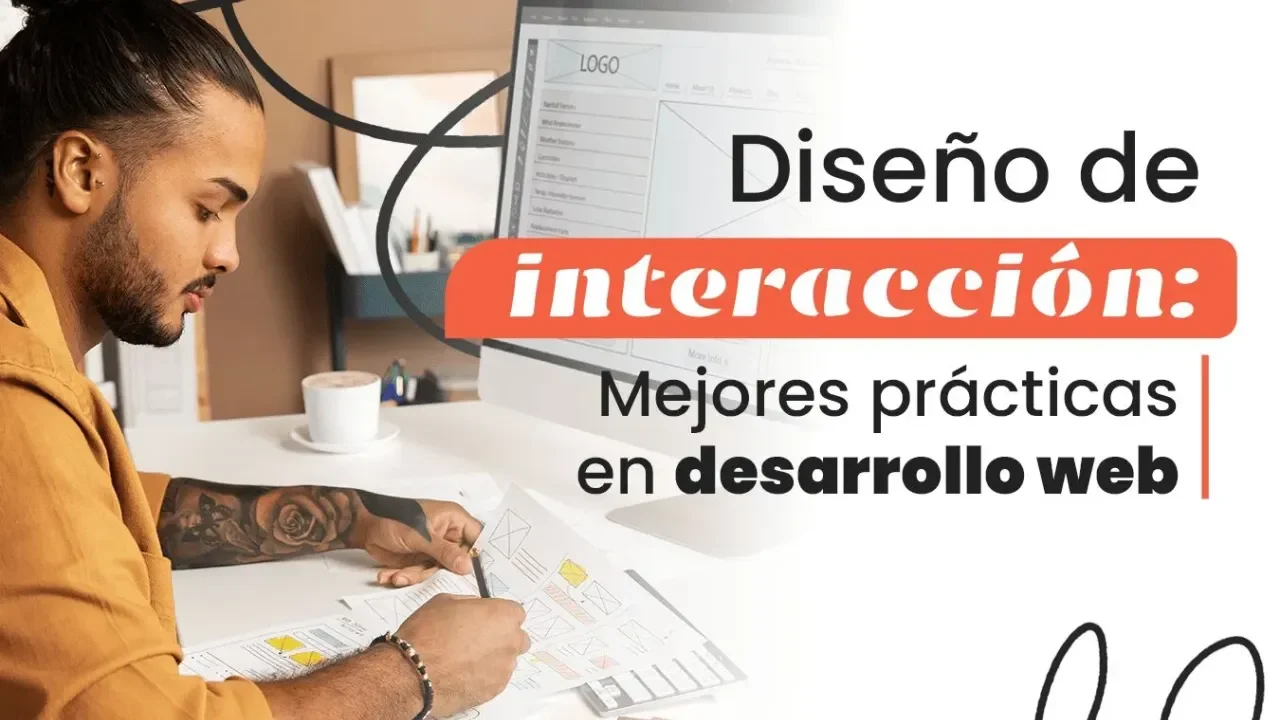 Hombre trabajando en diseño web en computadora. Elementos gráficos decorativos.