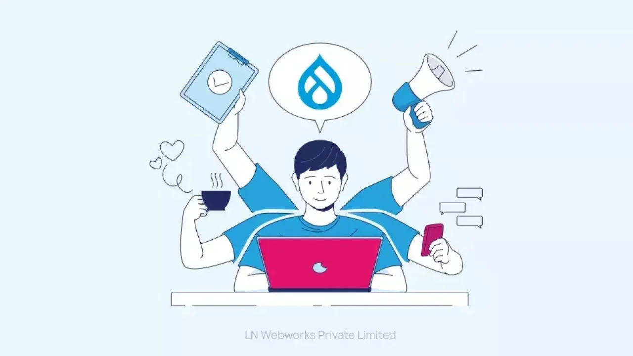 Persona multitarea frente a laptop, rodeada de íconos como libro, taza y megáfono.