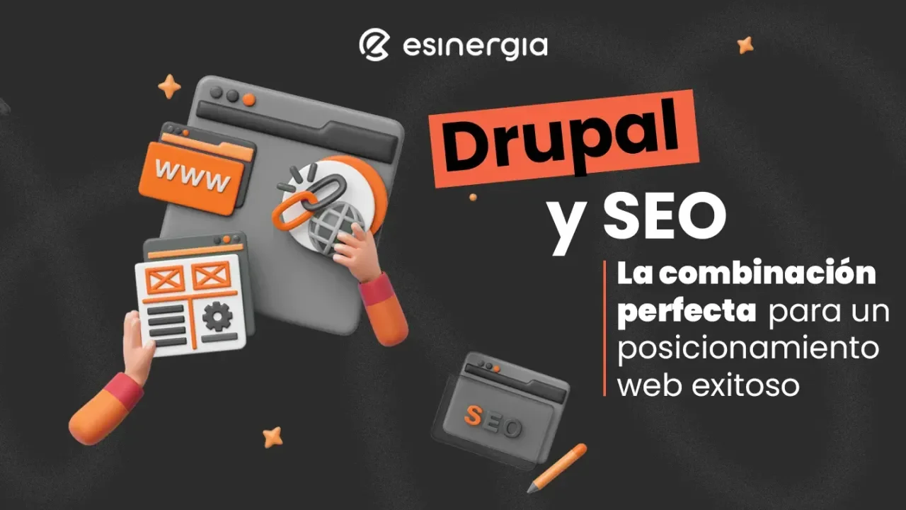 Manos sosteniendo iconos de navegación y gráficos en un diseño web oscuro.
