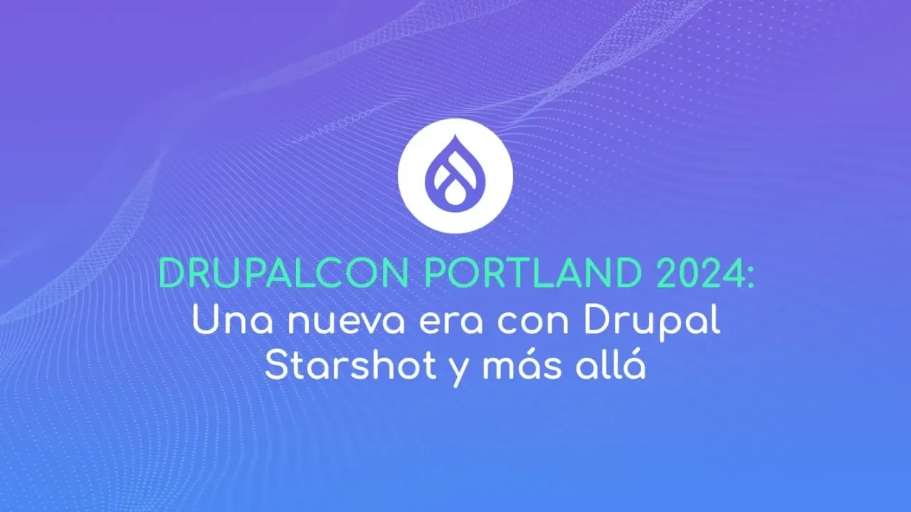 Logotipo de Drupal en fondo azul y morado con texto blanco.