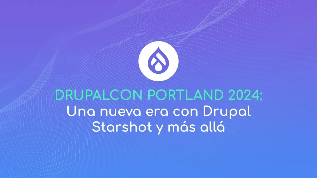 Logotipo de Drupal en fondo azul y morado con texto blanco.