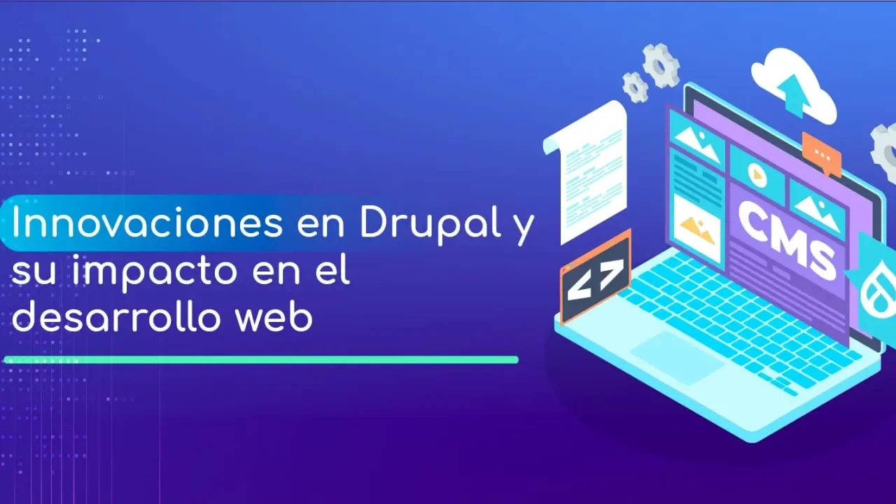 Computadora portátil con íconos de CMS en una pantalla azul y púrpura.