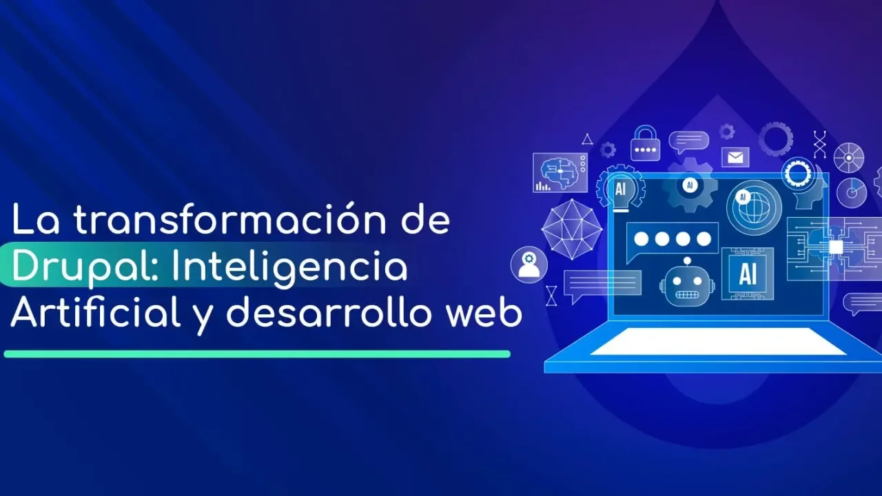 Computadora portátil flotante con iconos de tecnología en fondo azul.