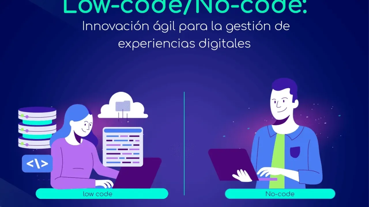 Dos personas trabajan en portátiles, "Low-code" y "No-code".