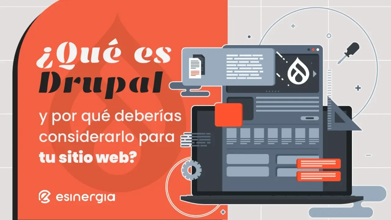 Gráfico con interfaz de Drupal en una pantalla sobre fondo rojo y gris.