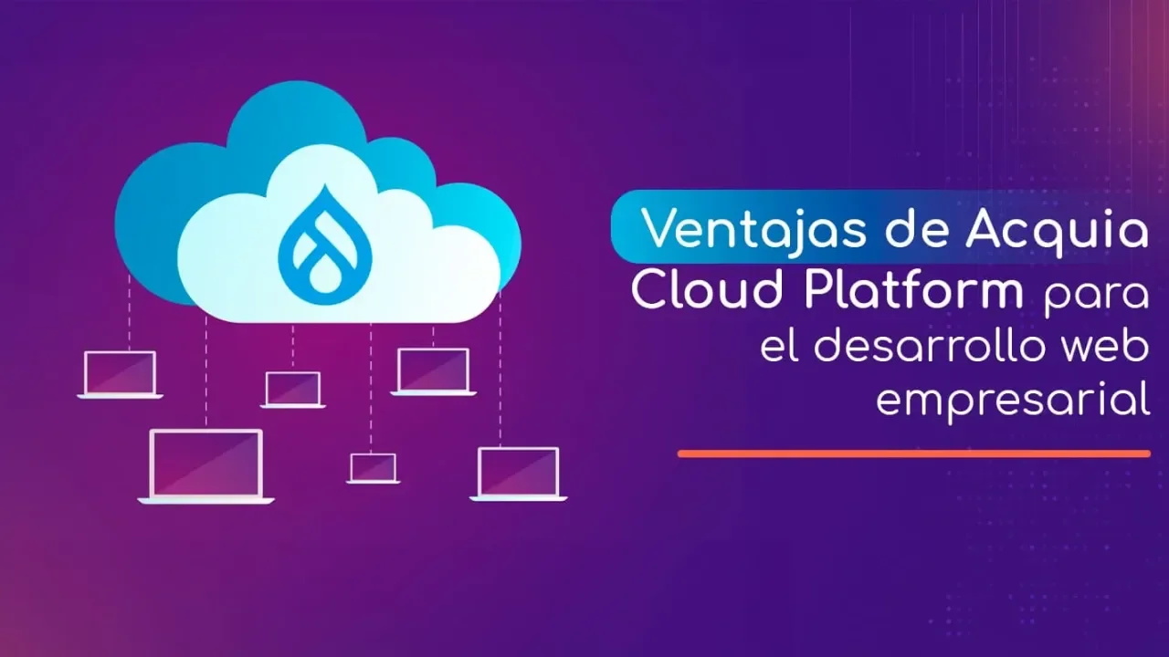 Nube azul con pantallas conectadas sobre fondo degradado púrpura.