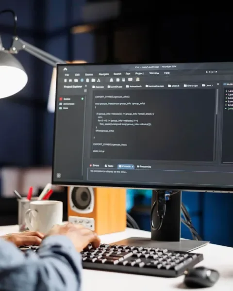 Persona programando en pantalla, lámpara encendida, altavoces y taza en el escritorio