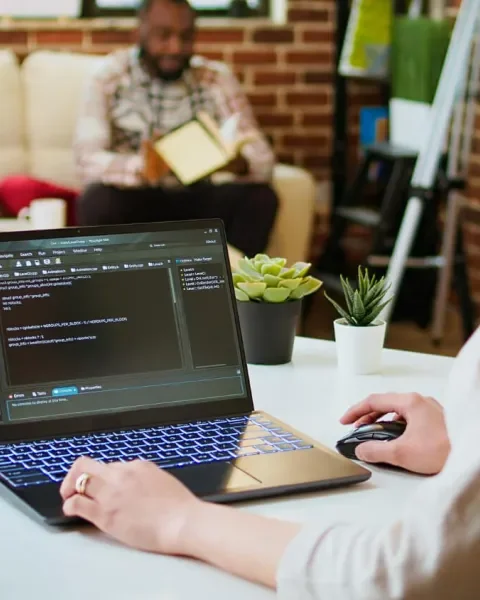 Mujer programando en una laptop, hombre en sofa con libreta al fondo