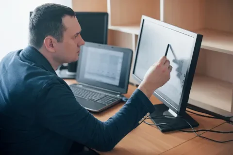Hombre usando lápiz óptico en monitor táctil, entorno de oficina