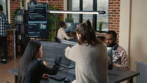 Personas colaborando frente a monitores en una oficina