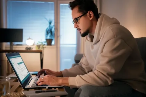 Hombre con gafas usando portátil en una sala iluminada