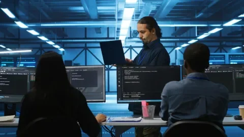 Personas trabajando en computadoras en una sala de servidores iluminada