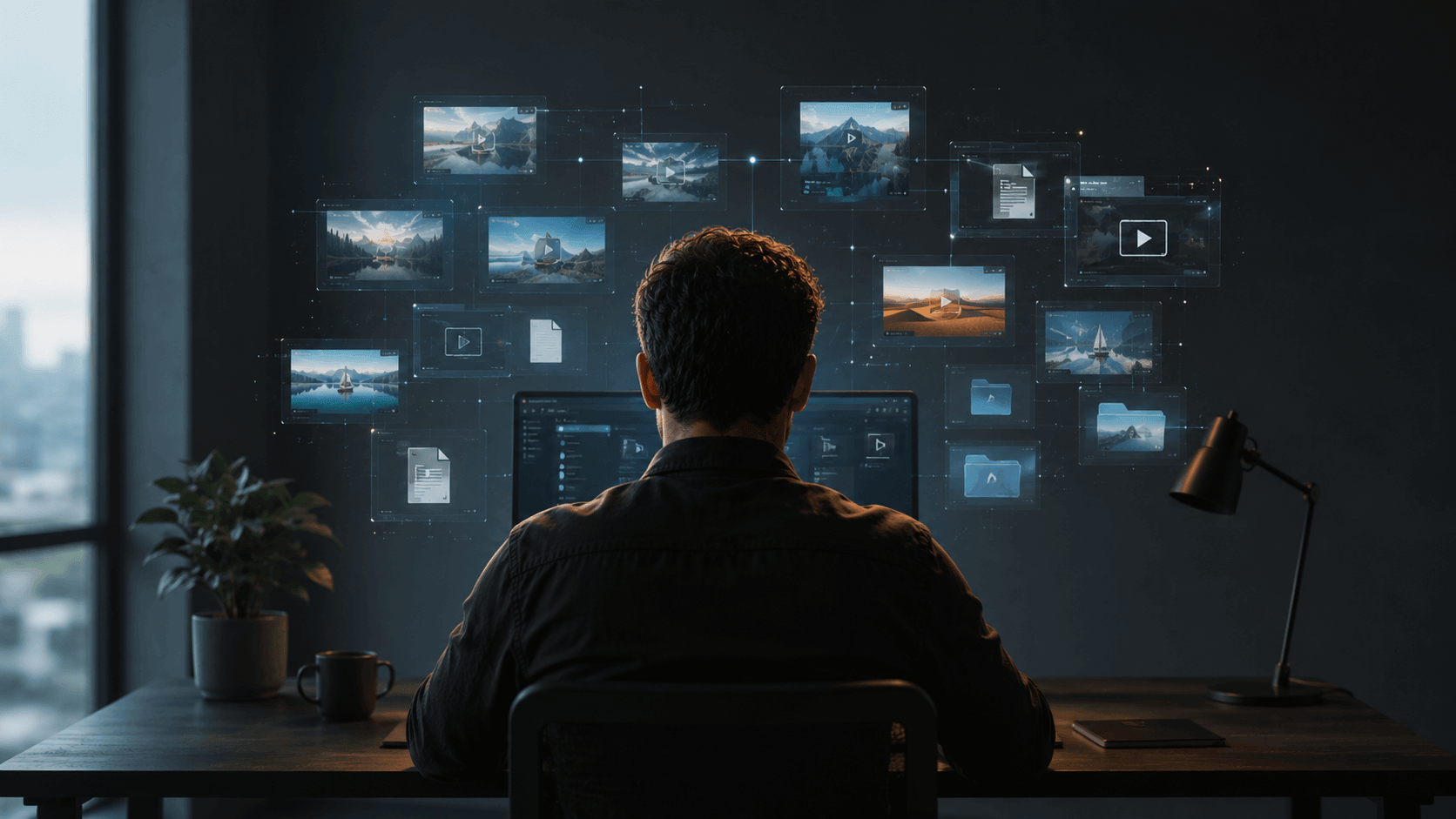 Hombre frente a computadora con multiples hologramas en pantalla, en oficina oscura