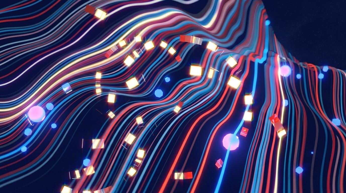 Lineas onduladas de colores con luces brillantes sobre fondo oscuro